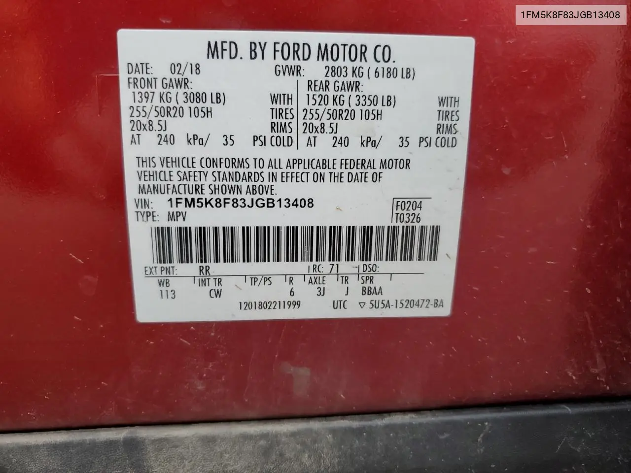 1FM5K8F83JGB13408 2018 Ford Explorer Limited