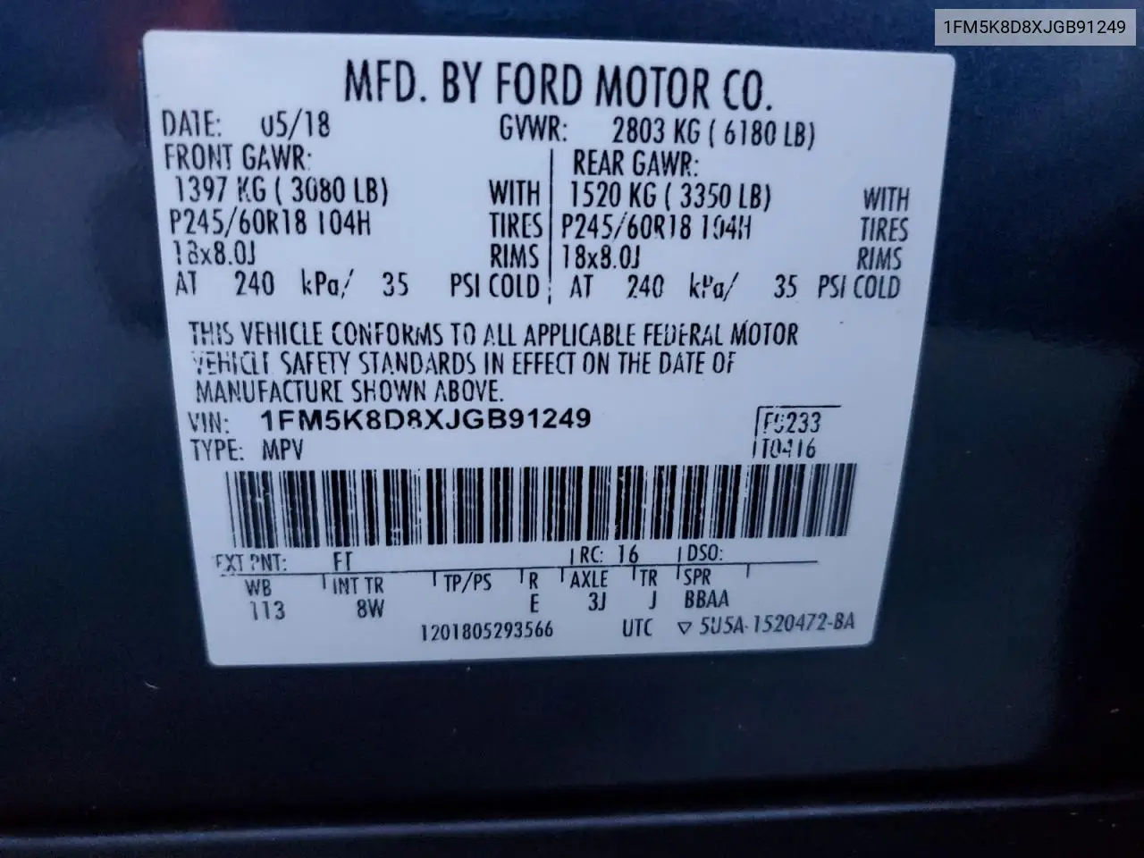 1FM5K8D8XJGB91249 2018 Ford Explorer Xlt
