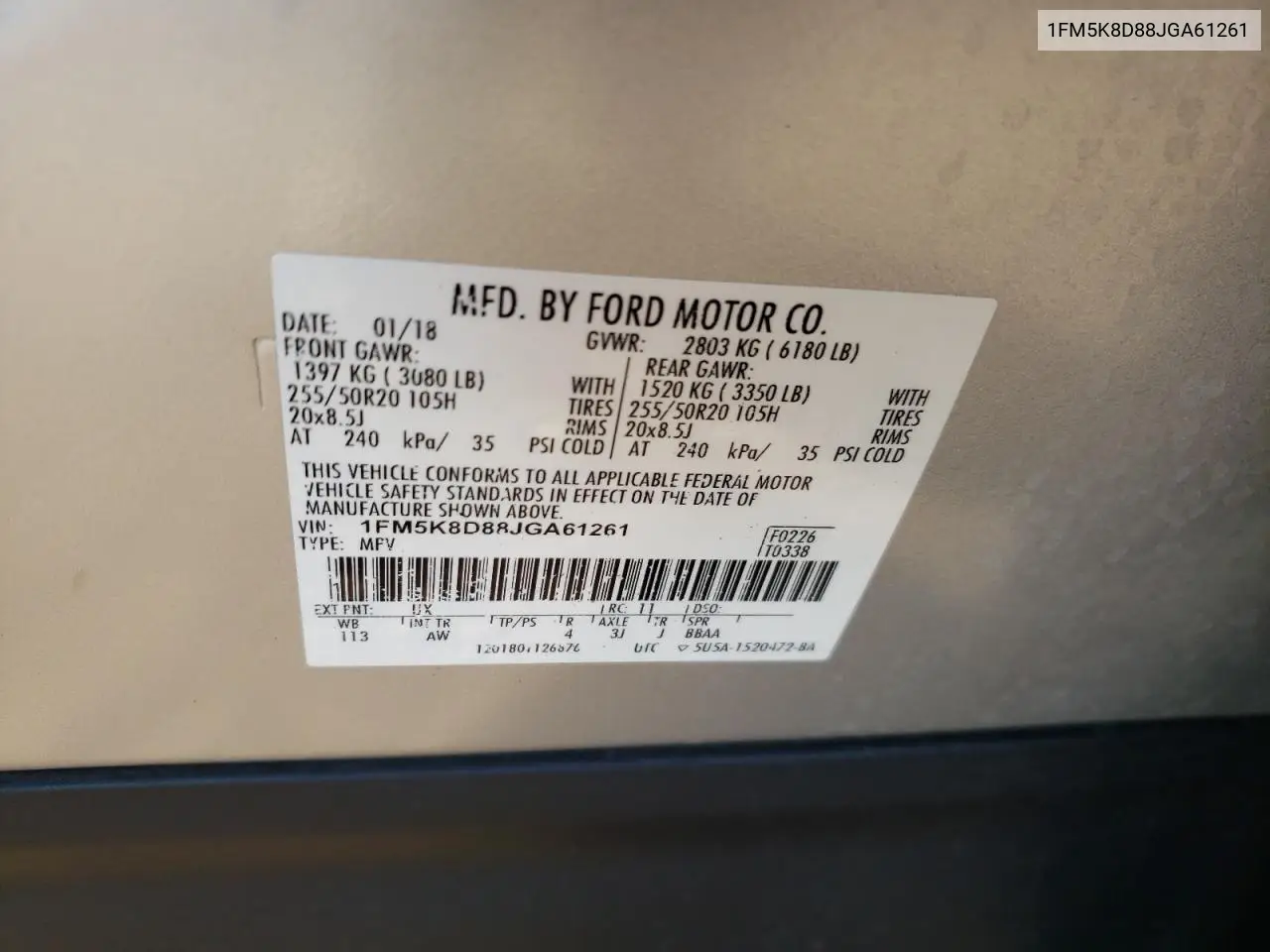 1FM5K8D88JGA61261 2018 Ford Explorer Xlt