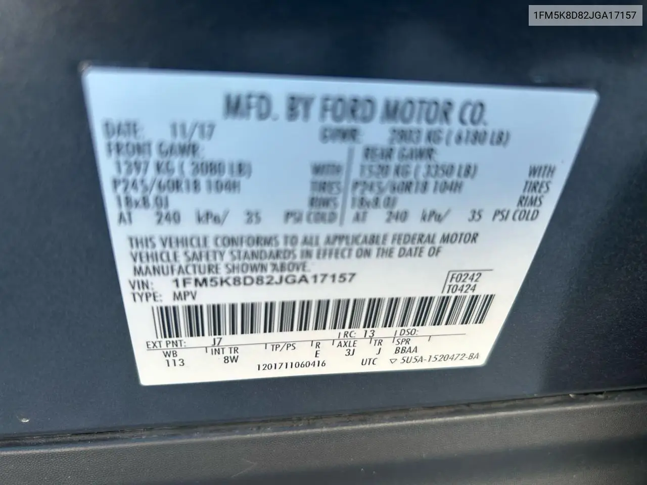 1FM5K8D82JGA17157 2018 Ford Explorer Xlt