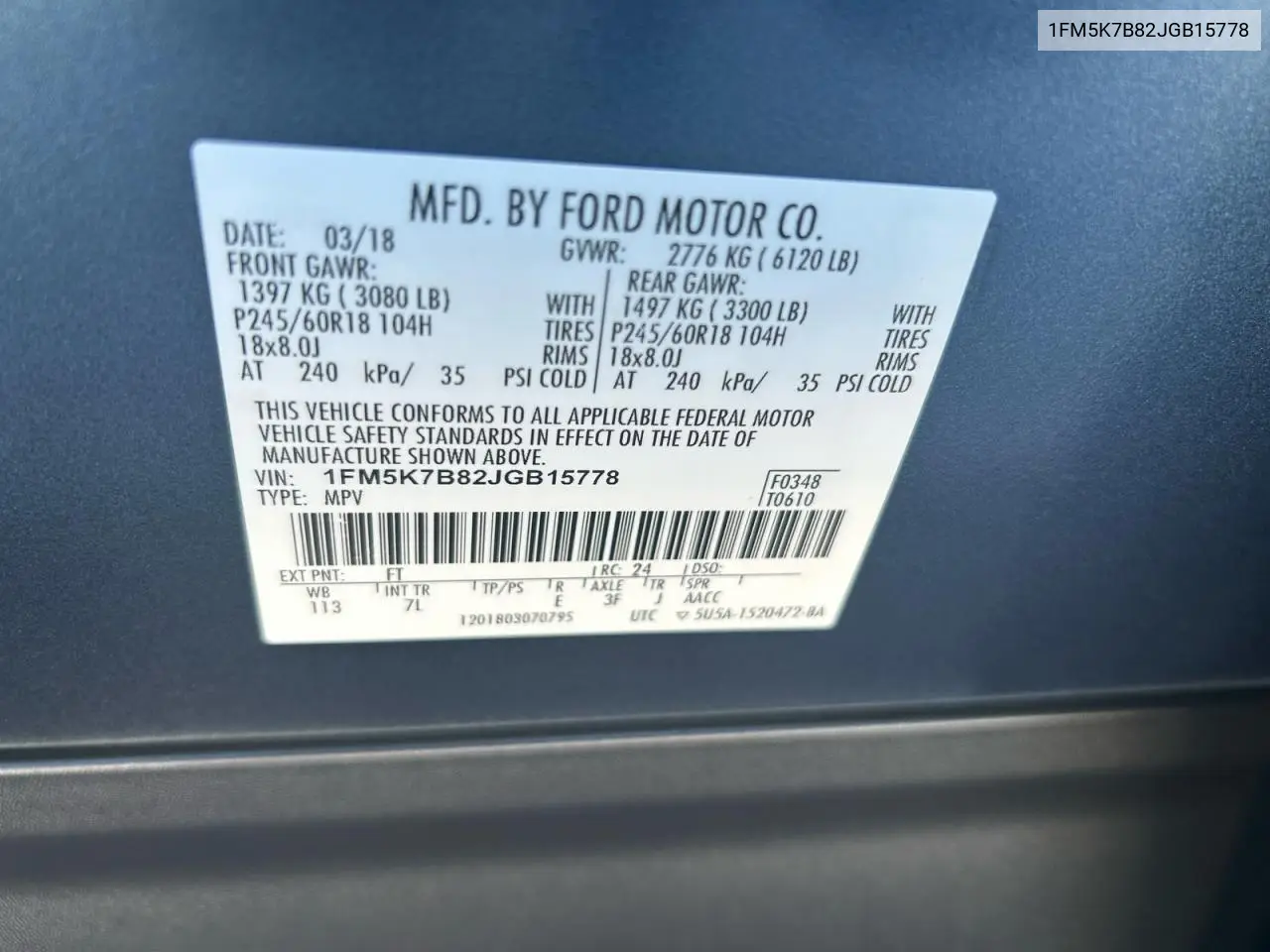 1FM5K7B82JGB15778 2018 Ford Explorer
