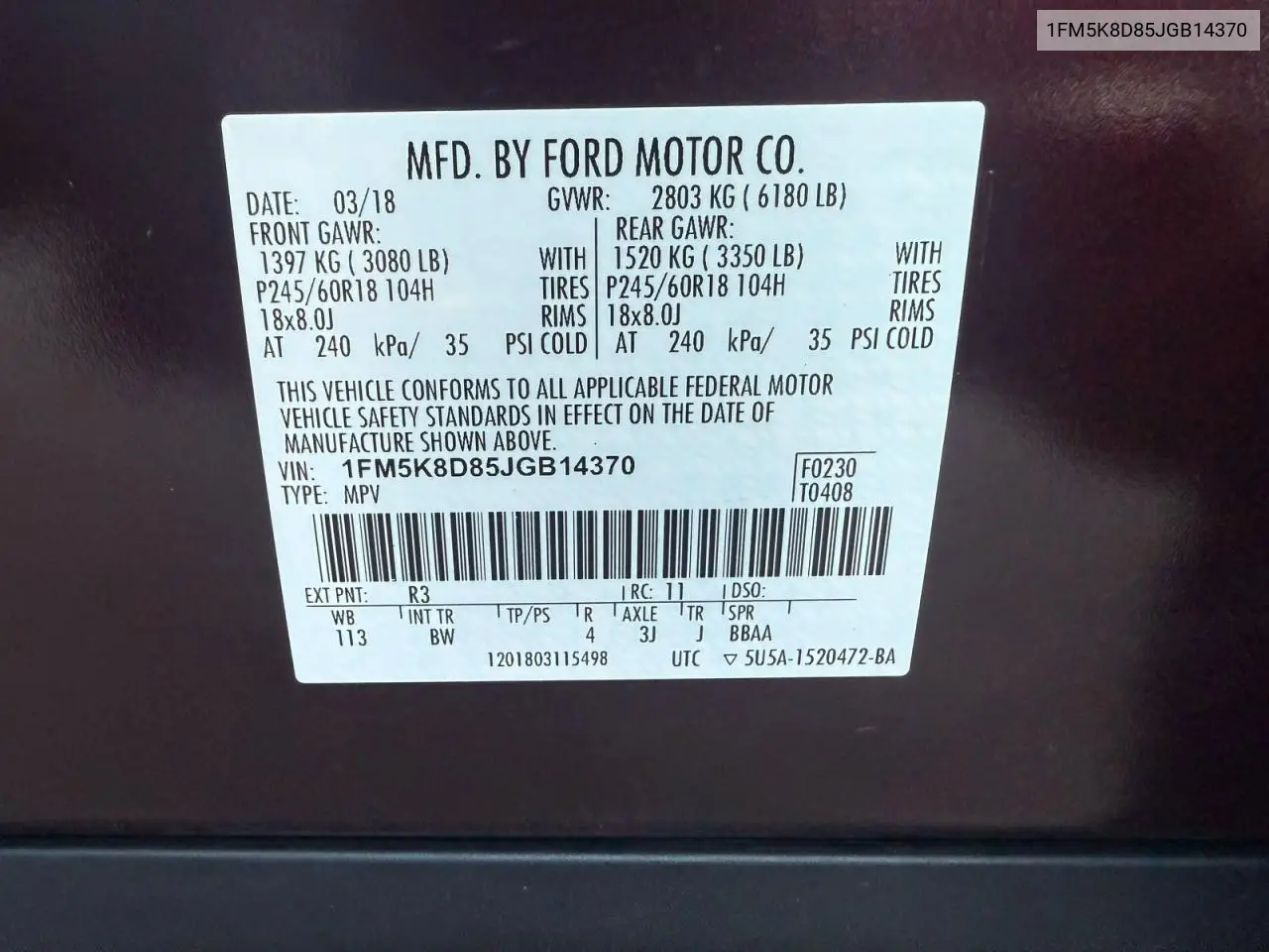 1FM5K8D85JGB14370 2018 Ford Explorer Xlt