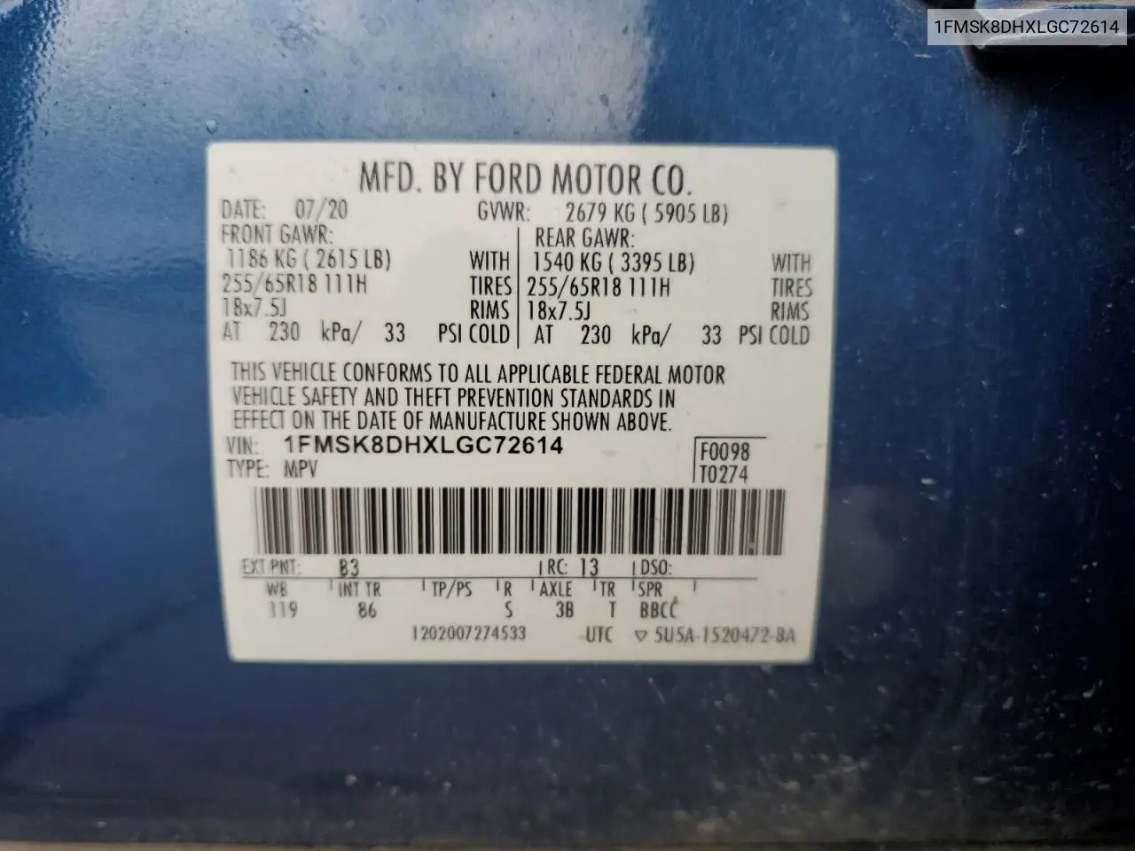 1FMSK8DHXLGC72614 2020 Ford Explorer Xlt