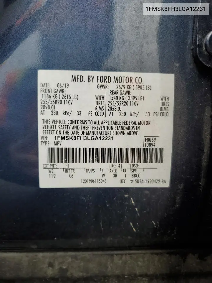 1FMSK8FH3LGA12231 2020 Ford Explorer Limited