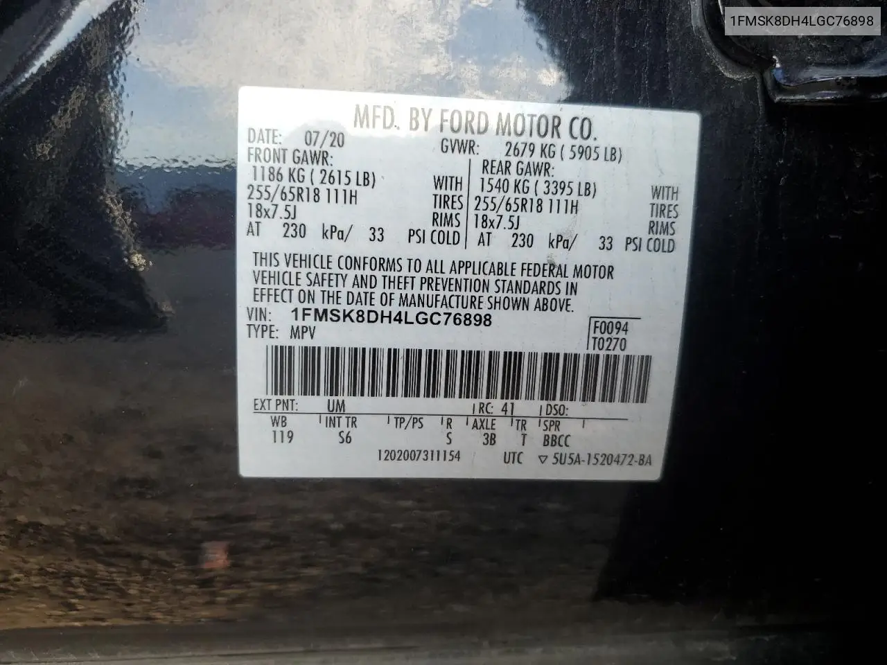 1FMSK8DH4LGC76898 2020 Ford Explorer Xlt