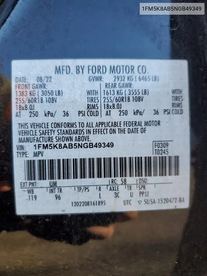 1FM5K8AB5NGB49349 2022 Ford Explorer Police Interceptor
