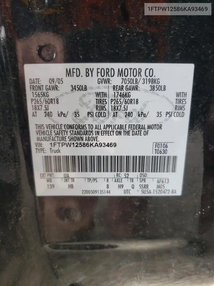 1FTPW12586KA93469 2006 Ford F150 Supercrew