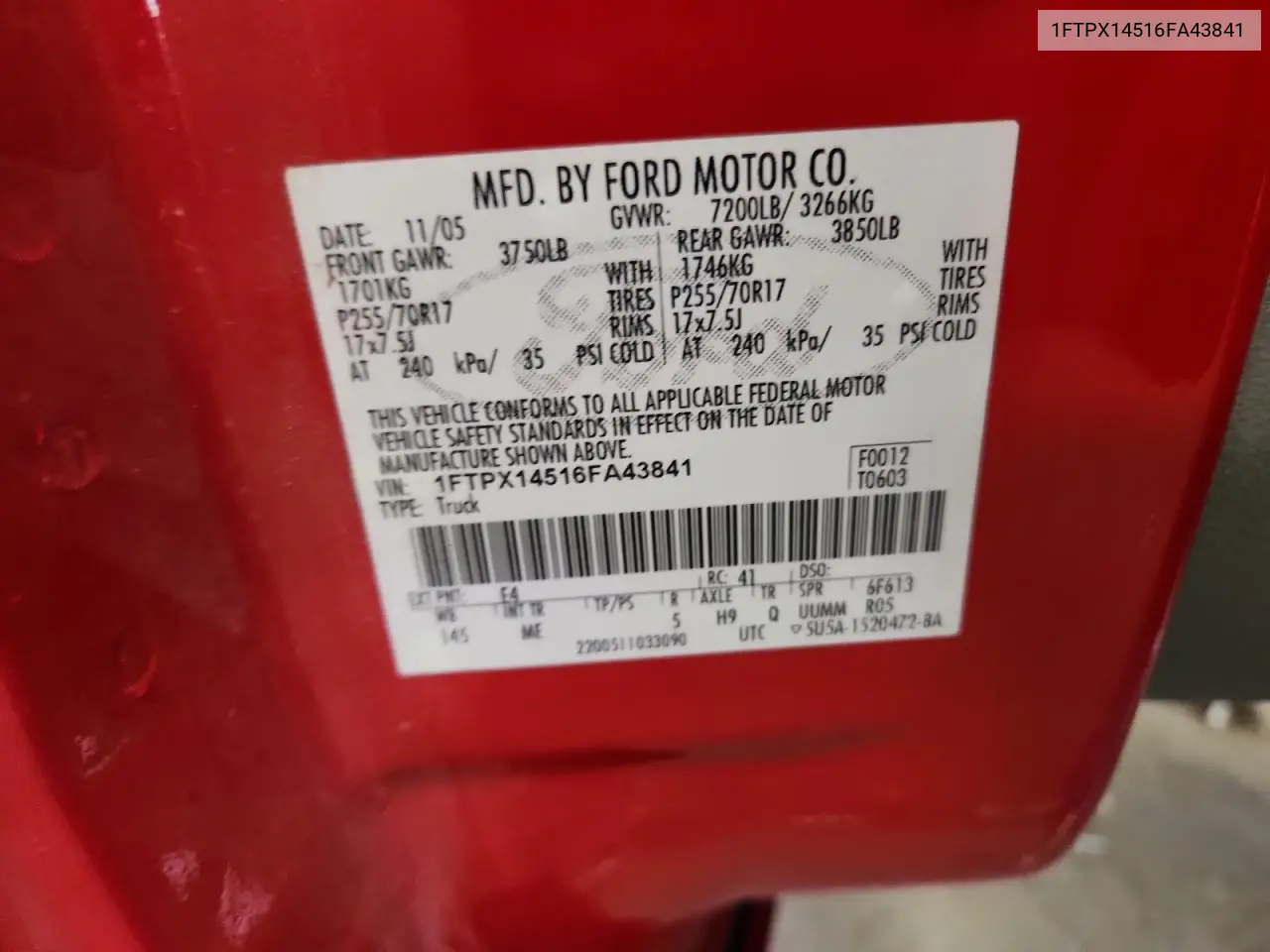 1FTPX14516FA43841 2006 Ford F150