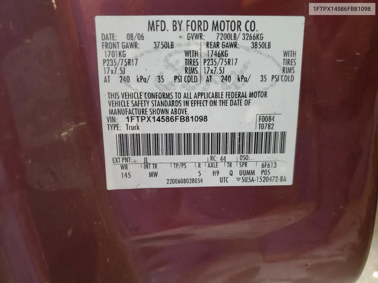 1FTPX14586FB81098 2006 Ford F150