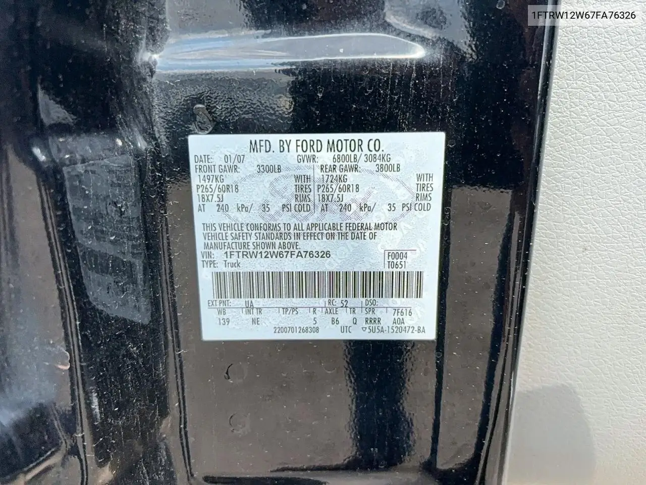 1FTRW12W67FA76326 2007 Ford F150 Supercrew