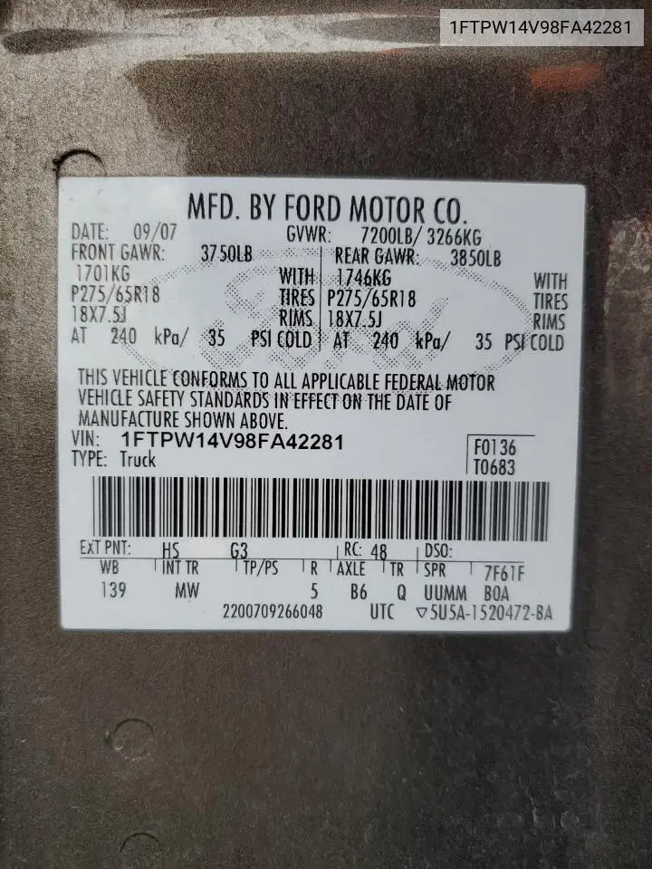 1FTPW14V98FA42281 2008 Ford F150 Supercrew