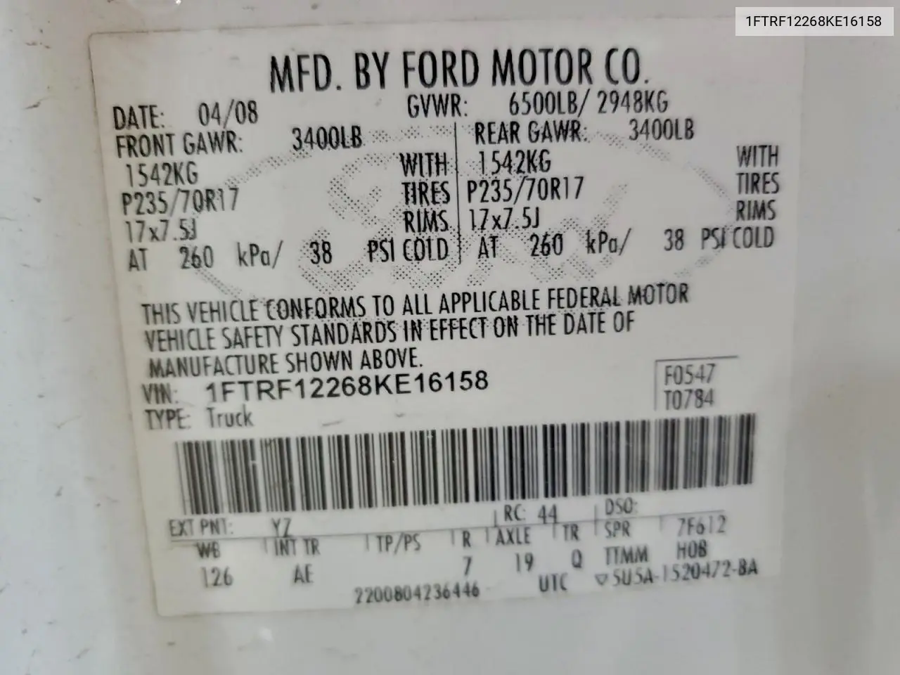 1FTRF12268KE16158 2008 Ford F150