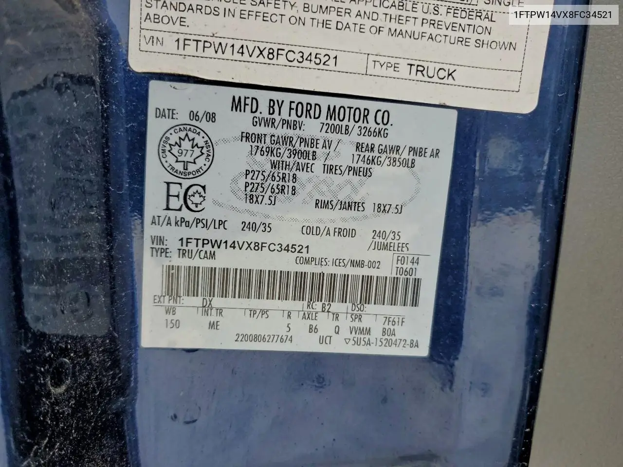 1FTPW14VX8FC34521 2008 Ford F150 Supercrew