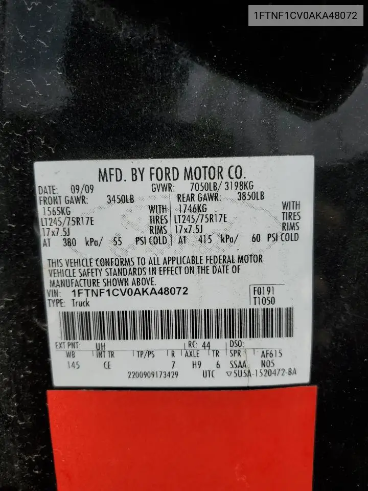 1FTNF1CV0AKA48072 2010 Ford F150