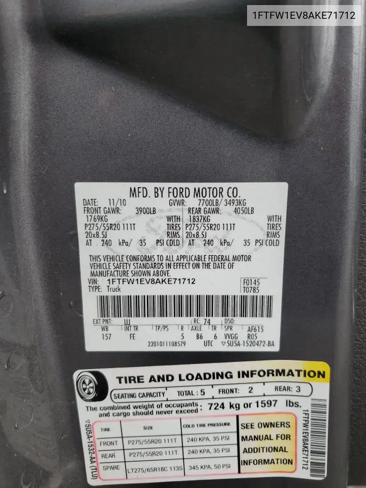 1FTFW1EV8AKE71712 2010 Ford F150 Supercrew