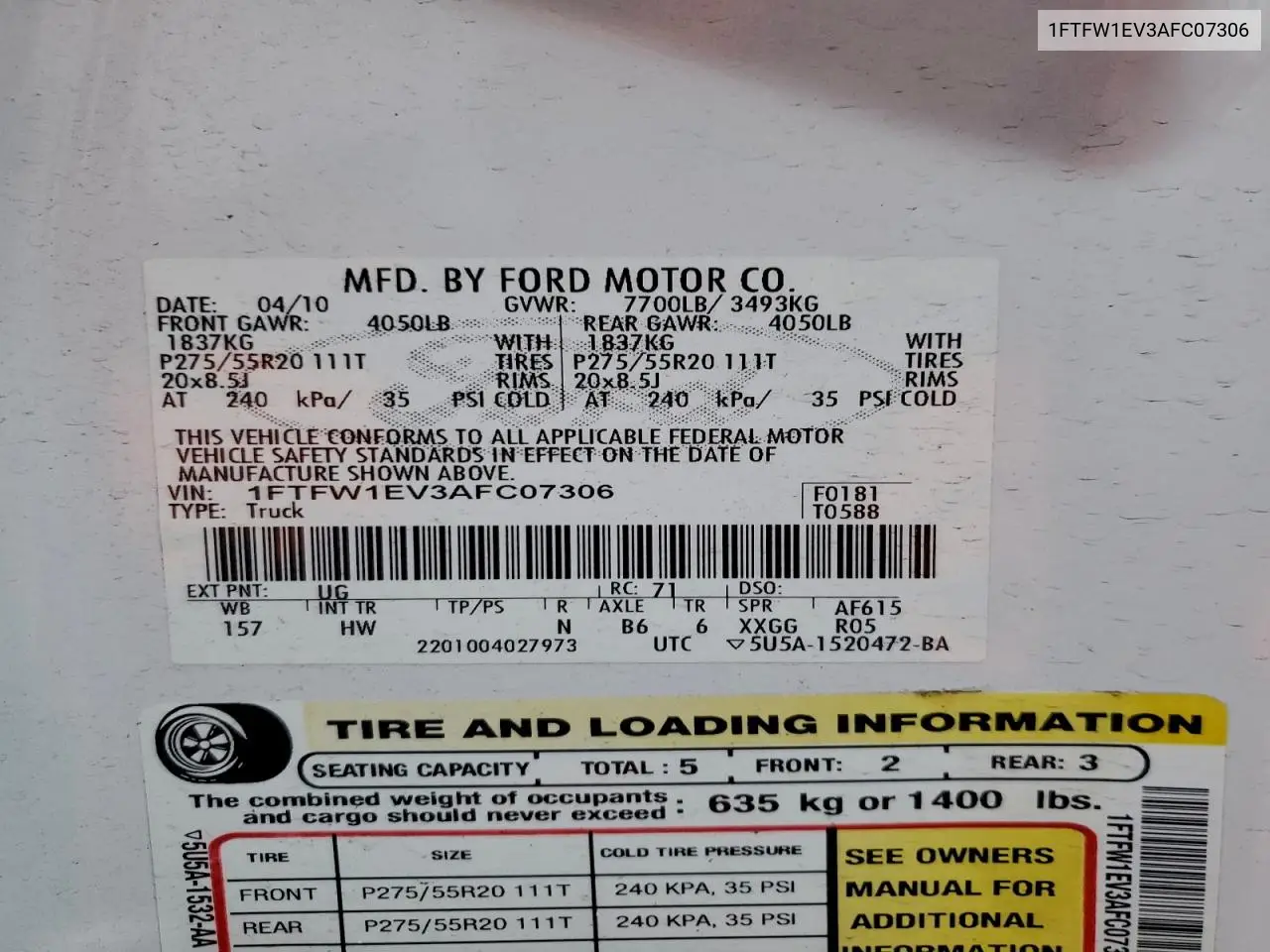 1FTFW1EV3AFC07306 2010 Ford F150 Supercrew