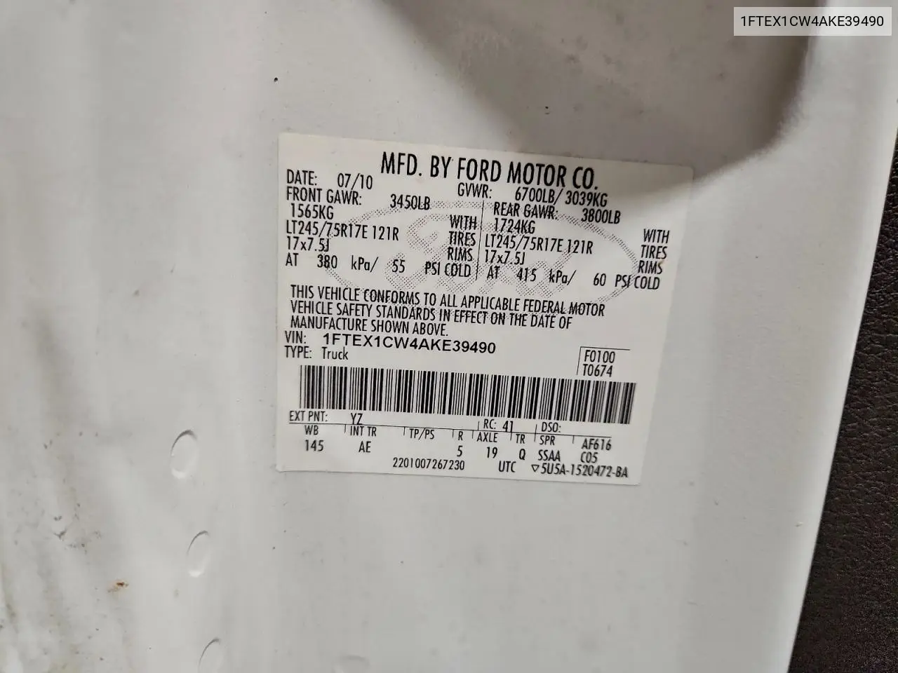 1FTEX1CW4AKE39490 2010 Ford F150 Super Cab