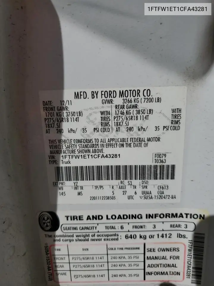 1FTFW1ET1CFA43281 2012 Ford F150 Supercrew
