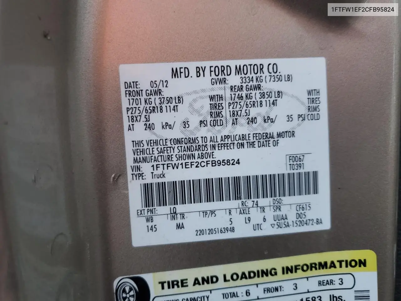 1FTFW1EF2CFB95824 2012 Ford F150 Supercrew