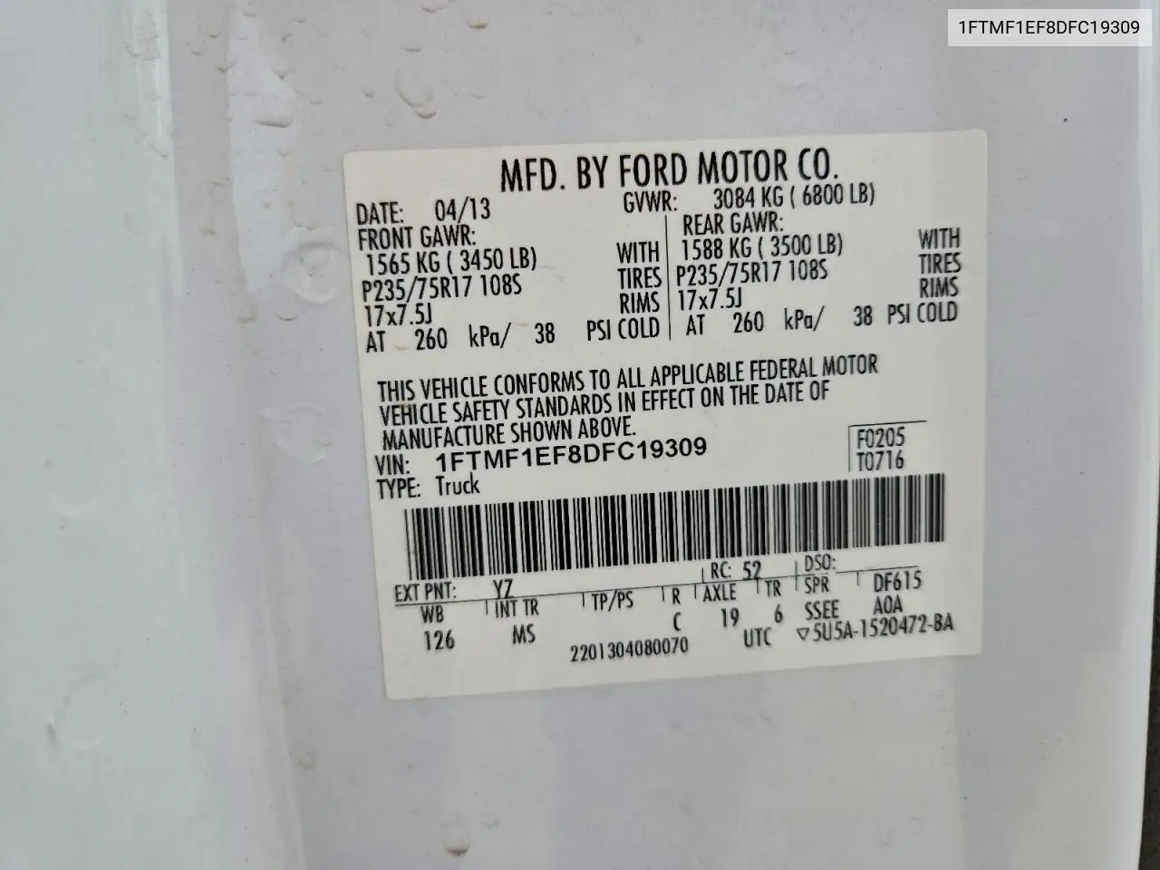 1FTMF1EF8DFC19309 2013 Ford F150