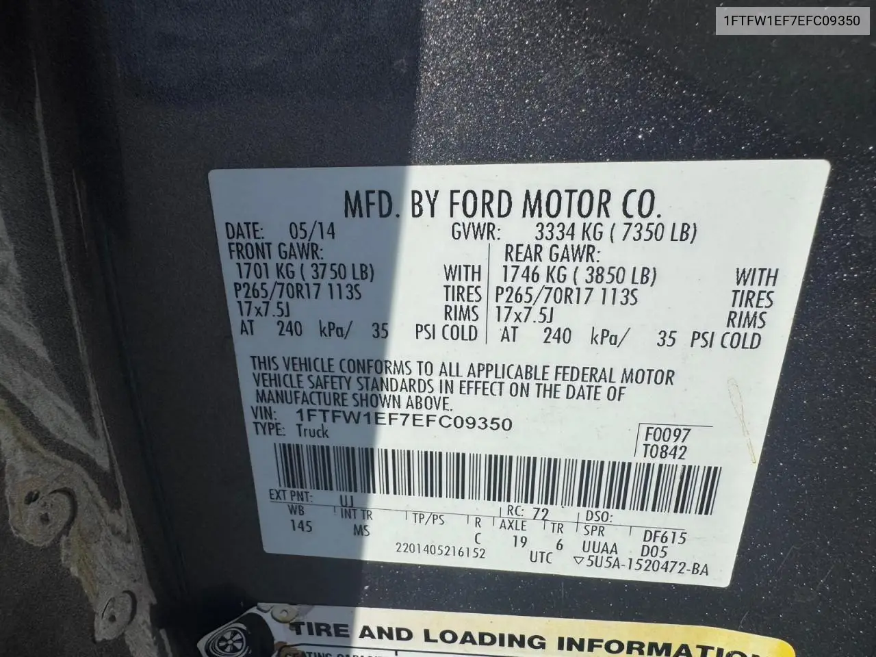 1FTFW1EF7EFC09350 2014 Ford F150 Supercrew