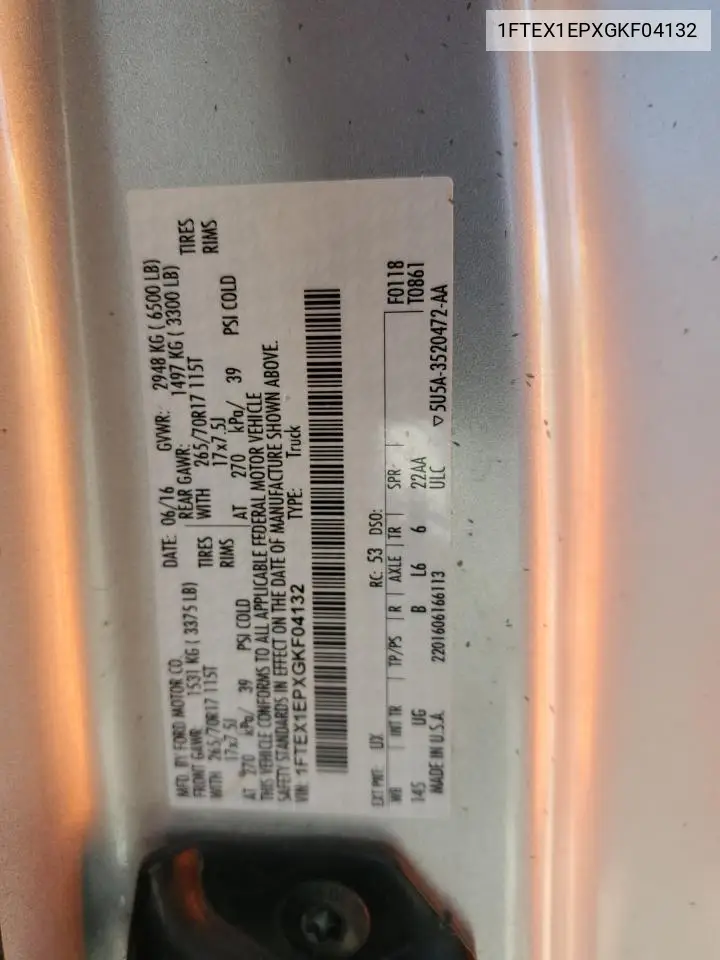 1FTEX1EPXGKF04132 2016 Ford F150 Super Cab