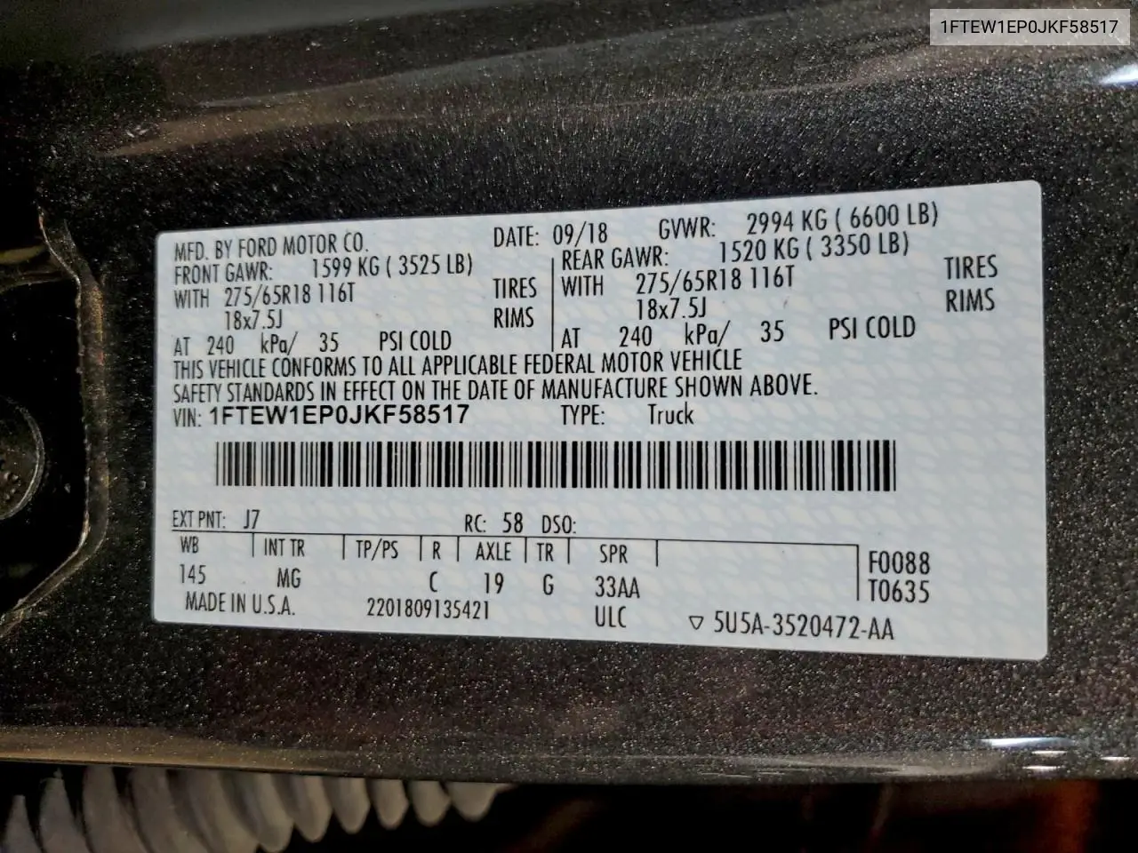 1FTEW1EP0JKF58517 2018 Ford F150 Supercrew