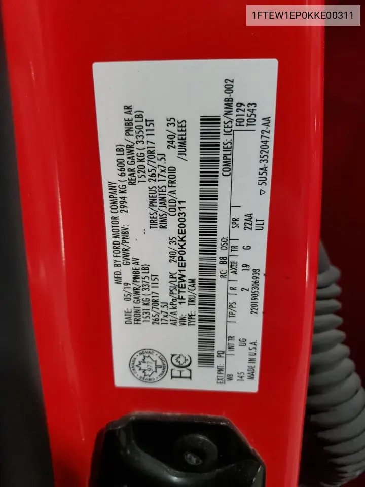 1FTEW1EP0KKE00311 2019 Ford F150 Supercrew