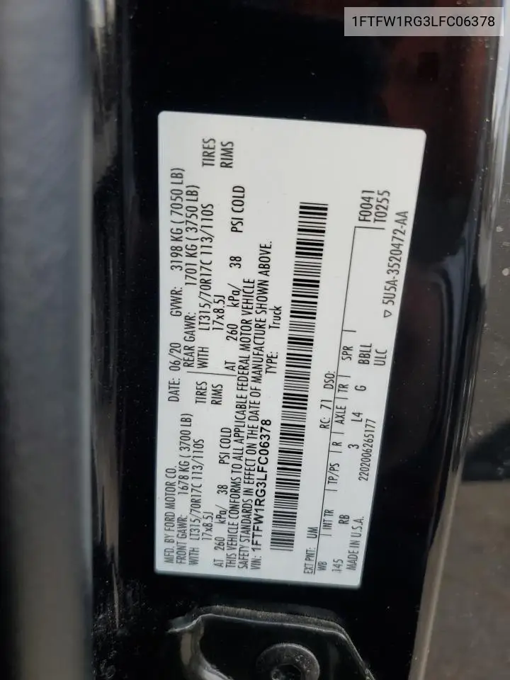 1FTFW1RG3LFC06378 2020 Ford F150 Raptor