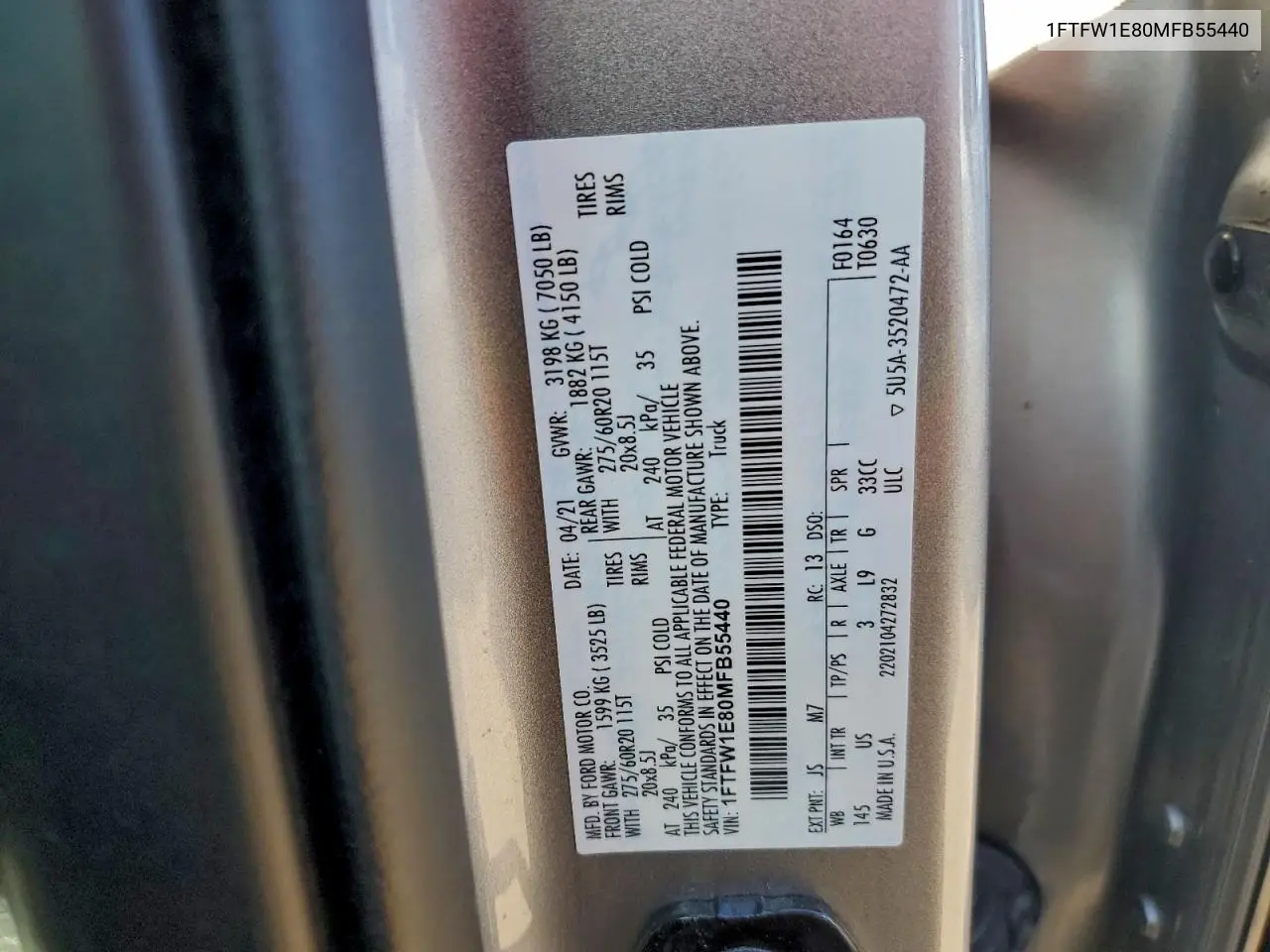 1FTFW1E80MFB55440 2021 Ford F150 Supercrew