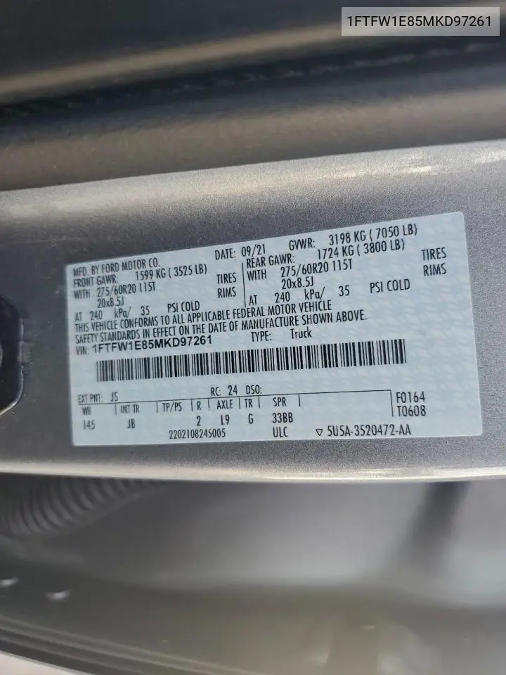 1FTFW1E85MKD97261 2021 Ford F150 Supercrew