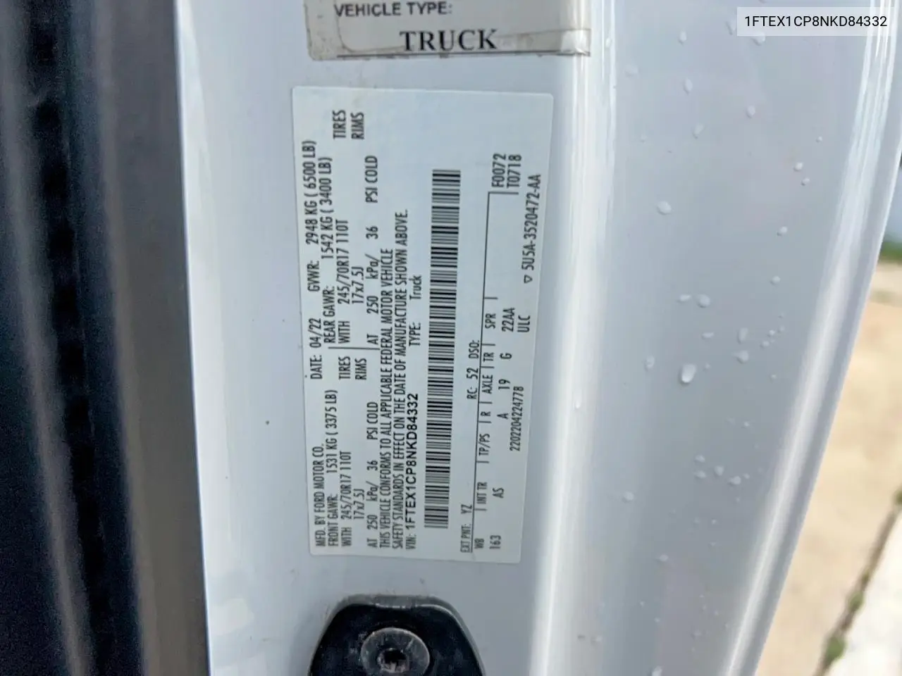 1FTEX1CP8NKD84332 2022 Ford F150 Super Cab