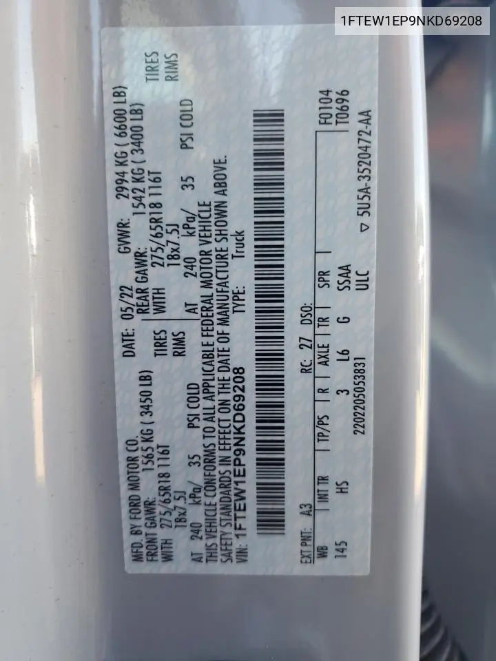 1FTEW1EP9NKD69208 2022 Ford F150 Supercrew