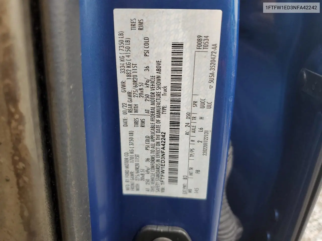 1FTFW1ED3NFA42242 2022 Ford F150 Supercrew