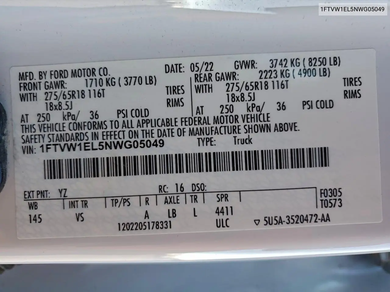 1FTVW1EL5NWG05049 2022 Ford F150 Lightning Pro