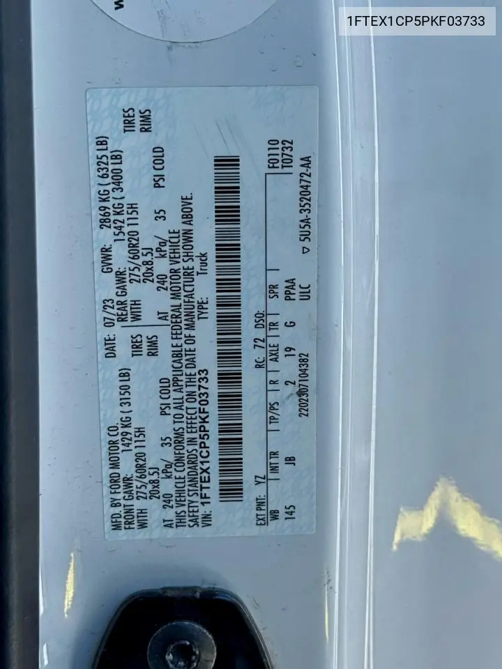 1FTEX1CP5PKF03733 2023 Ford F150 Super Cab