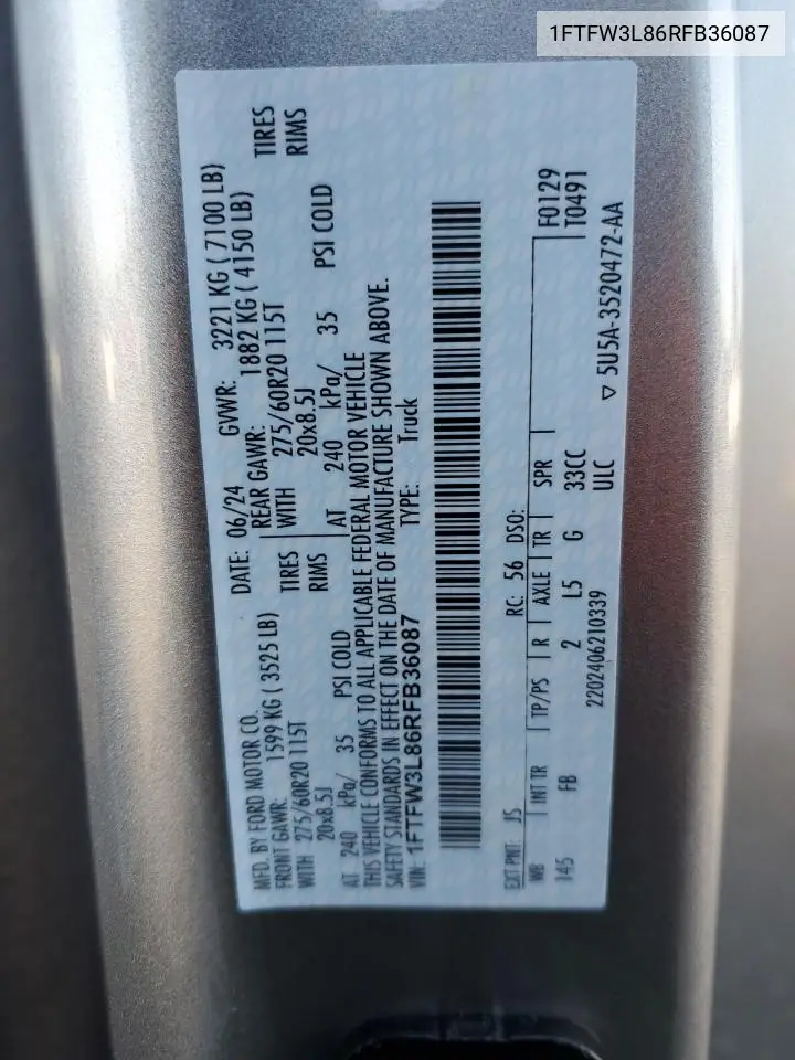 1FTFW3L86RFB36087 2024 Ford F150 Xlt
