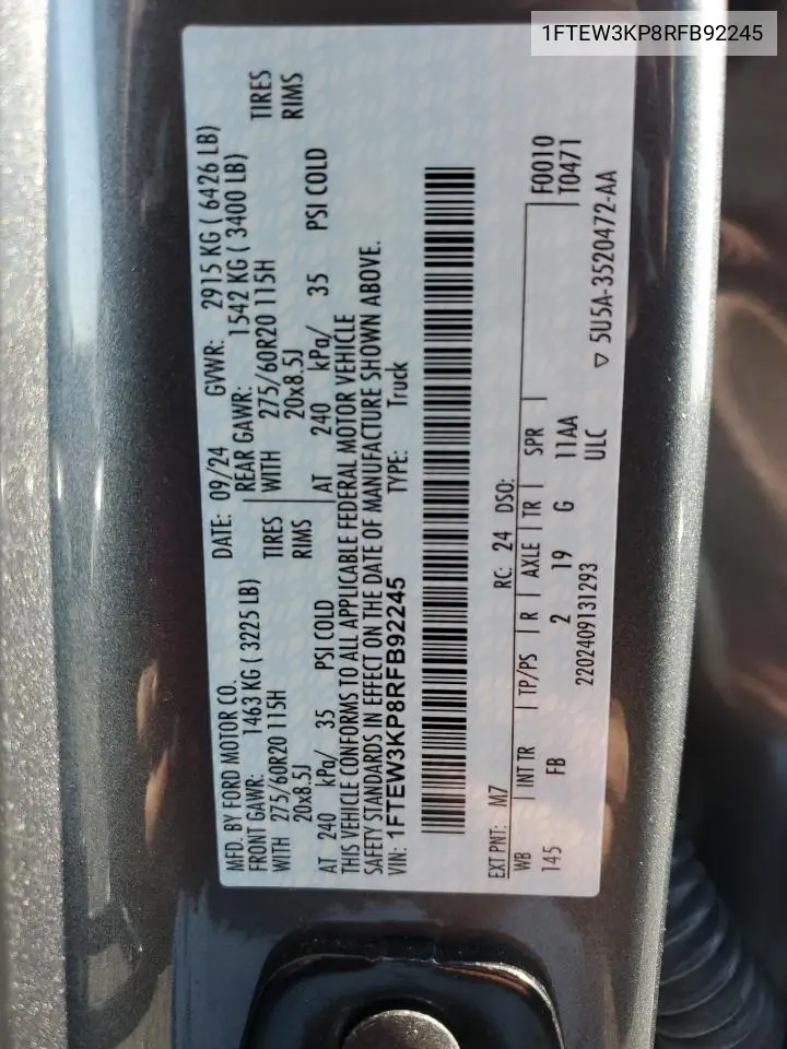 1FTEW3KP8RFB92245 2024 Ford F150 Xlt