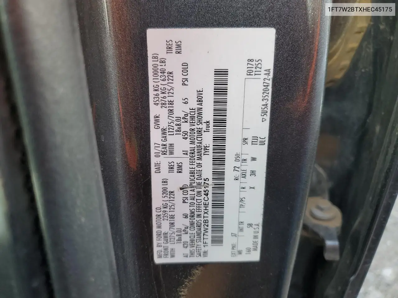 1FT7W2BTXHEC45175 2017 Ford F250 Super Duty