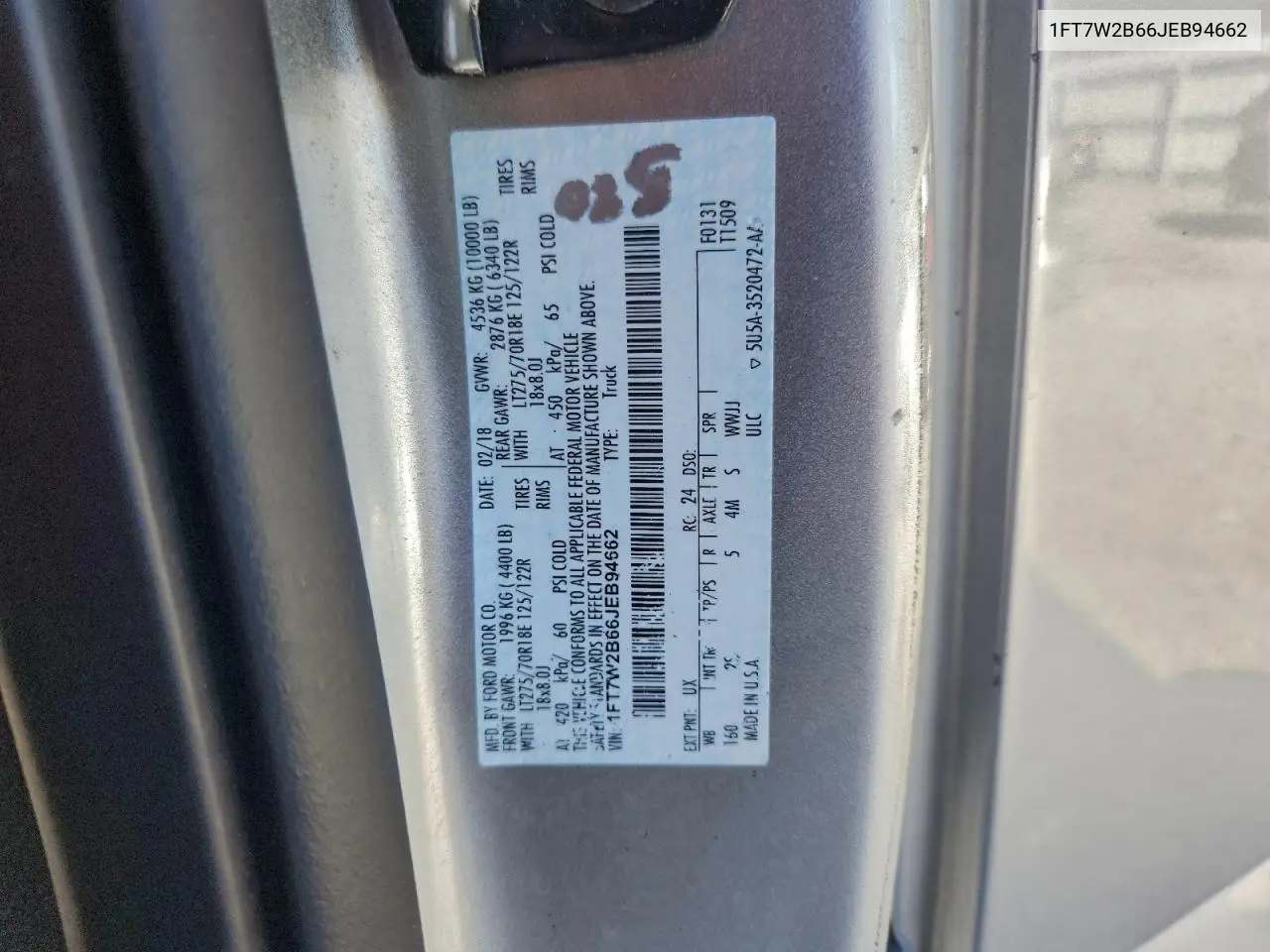 1FT7W2B66JEB94662 2018 Ford F250 Super Duty