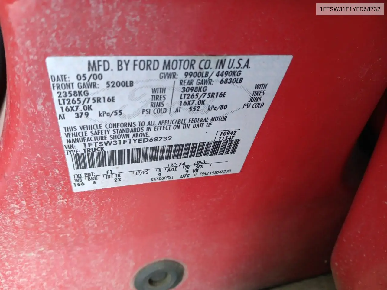 1FTSW31F1YED68732 2000 Ford F350 Srw Super Duty