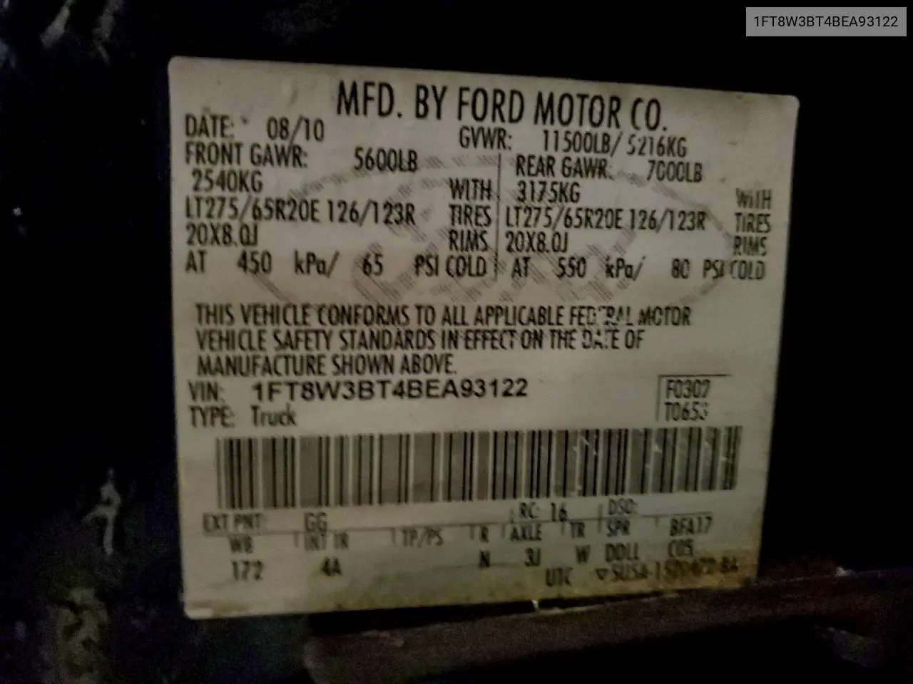 1FT8W3BT4BEA93122 2011 Ford F350 Super Duty