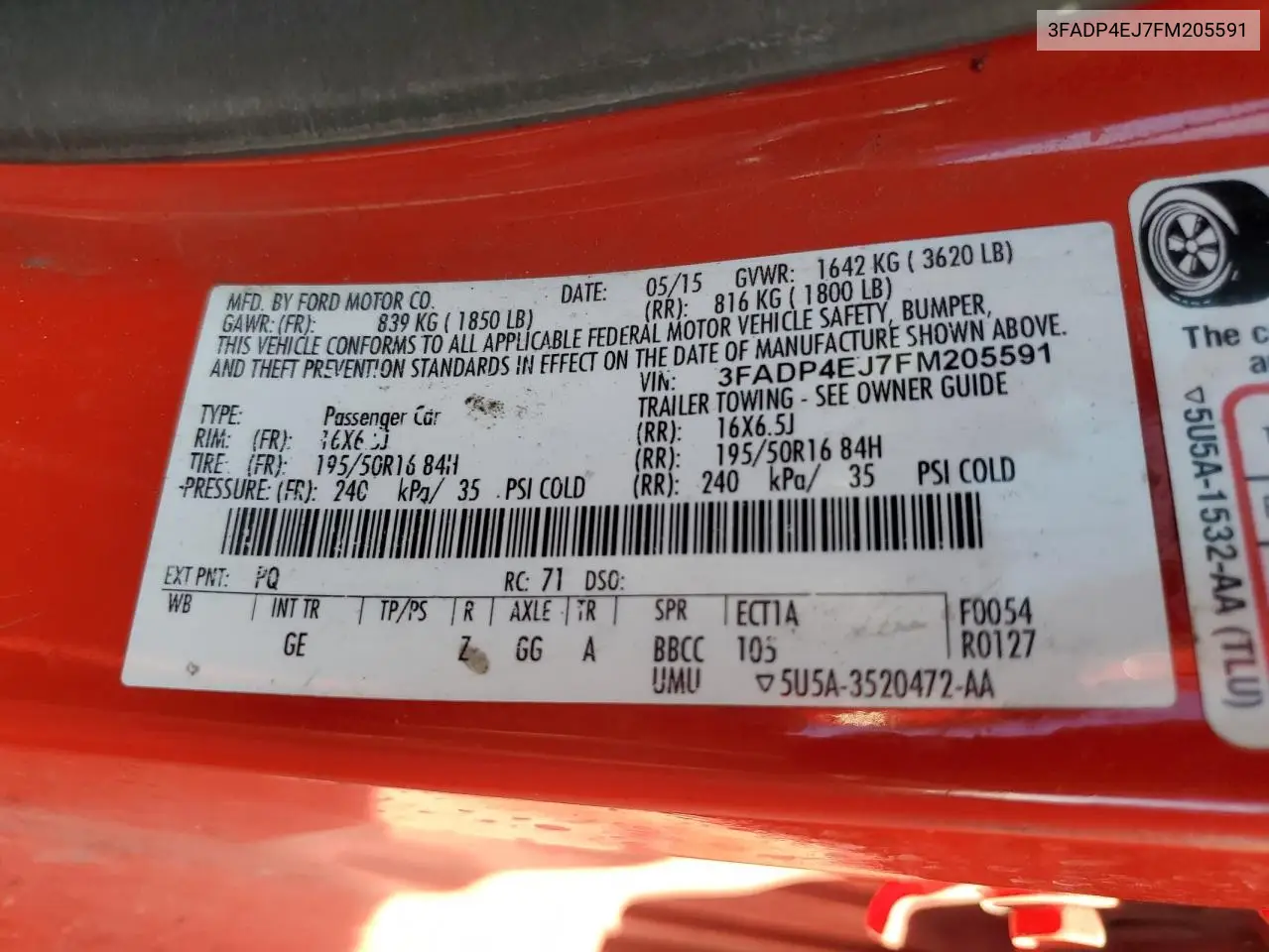 3FADP4EJ7FM205591 2015 Ford Fiesta Se
