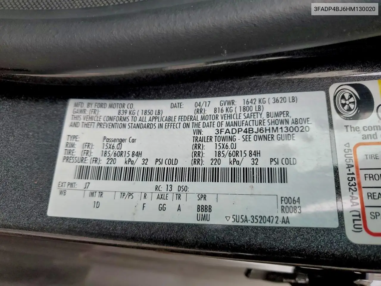 3FADP4BJ6HM130020 2017 Ford Fiesta Se
