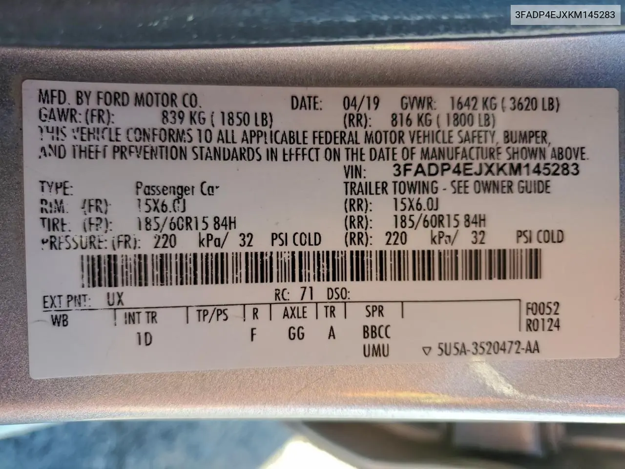 3FADP4EJXKM145283 2019 Ford Fiesta Se