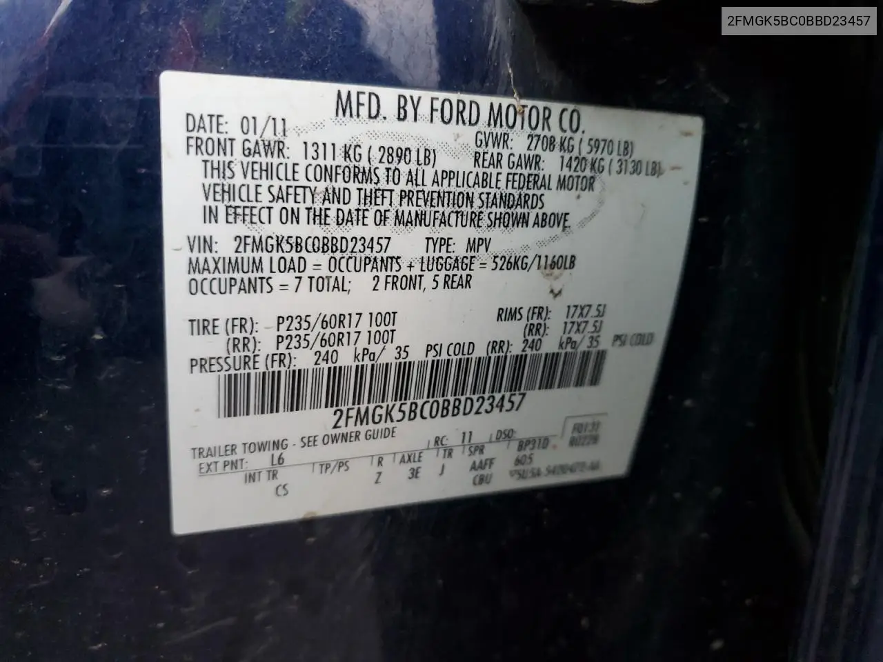 2FMGK5BC0BBD23457 2011 Ford Flex Se