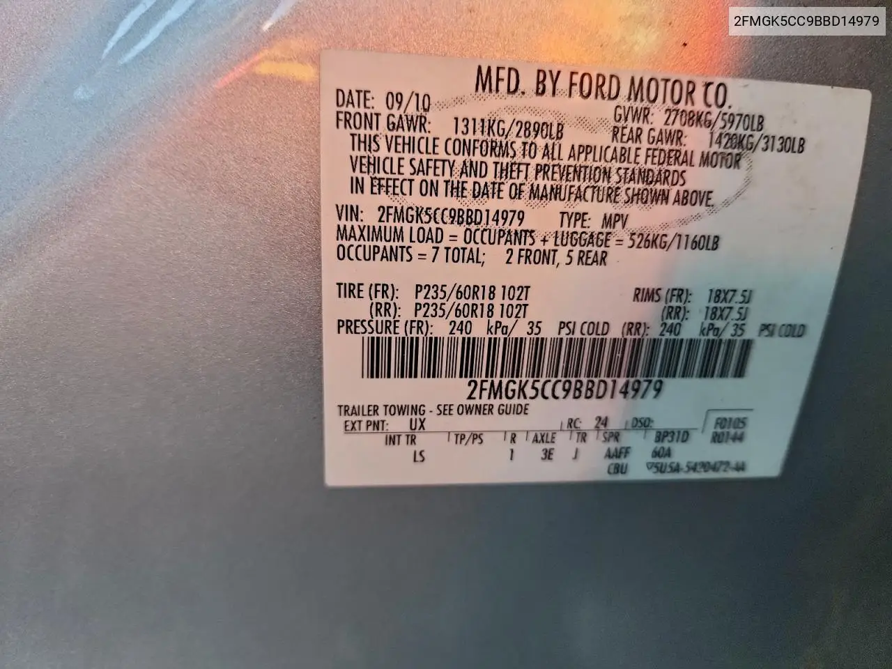 2FMGK5CC9BBD14979 2011 Ford Flex Sel