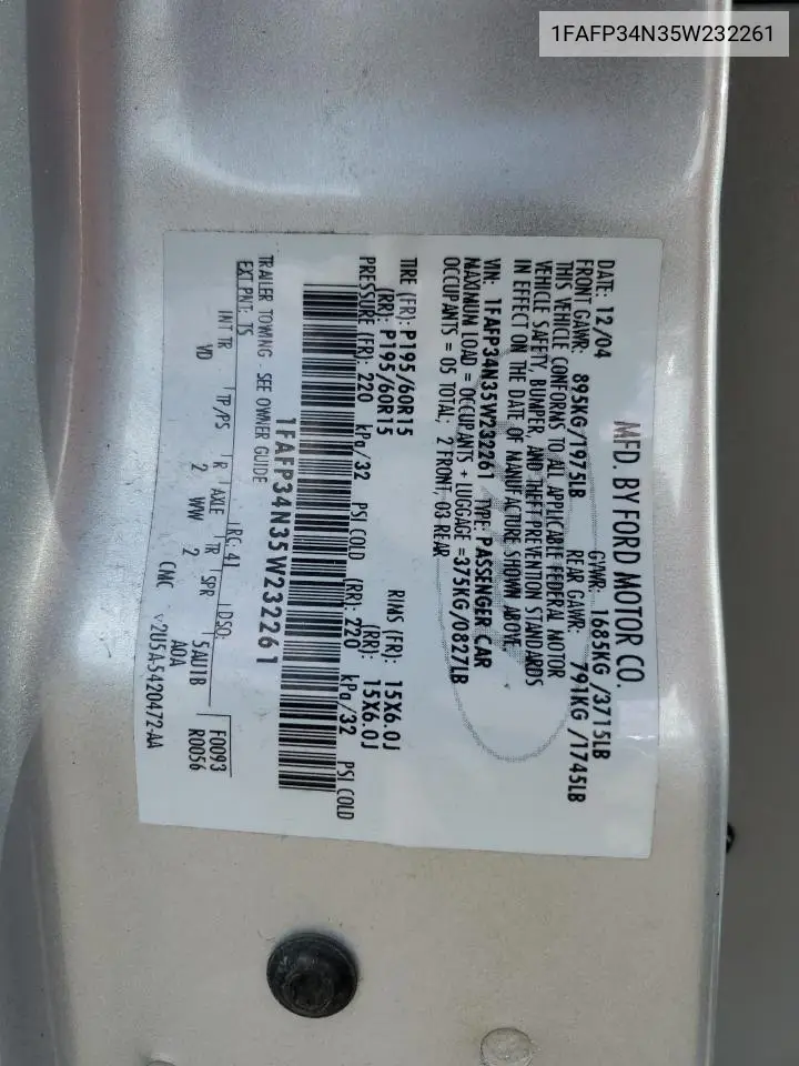1FAFP34N35W232261 2005 Ford Focus Zx4
