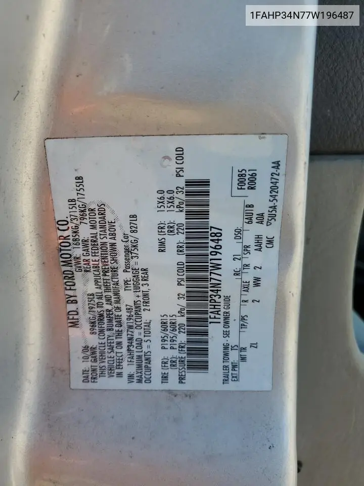 1FAHP34N77W196487 2007 Ford Focus Zx4