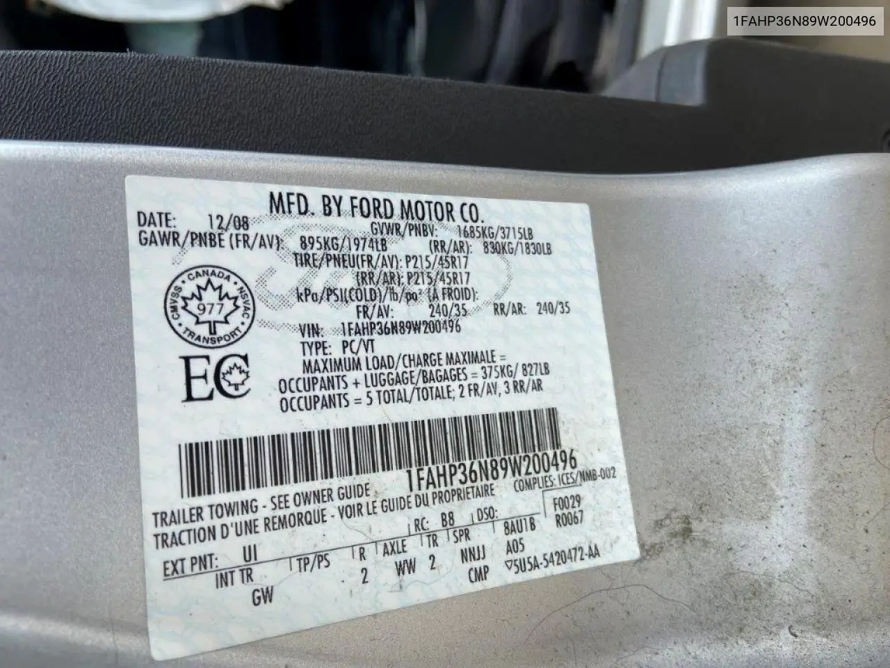1FAHP36N89W200496 2009 Ford Focus Ses